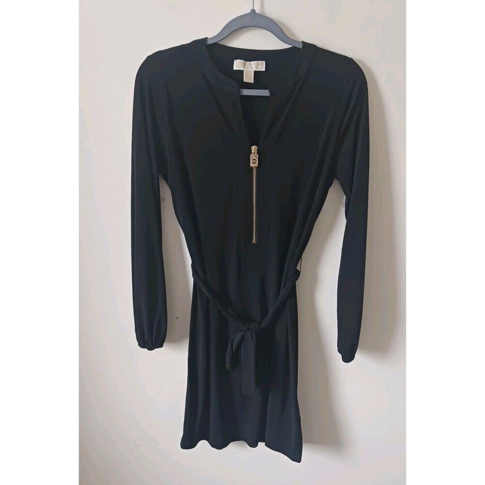 Michael Kors Fitted Mini Dress Women S Black Stretch Belted Gold Zipper